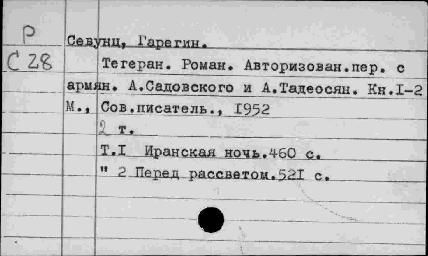 ﻿р	Се-вэ	гнц, Гарегин*		......
С_2£		Тегеран. Роман. Авторизован.пер. с
			ары! М.,	ш. А.Садовского и А.Тадеосян. Кн.1-2 Сов.писатель., 1952
		1 т.
		Т.1 Иранская ночь.460 с.
		” 2 Перед рассвет о и. 521. с.
		
	.	—	
				_ _